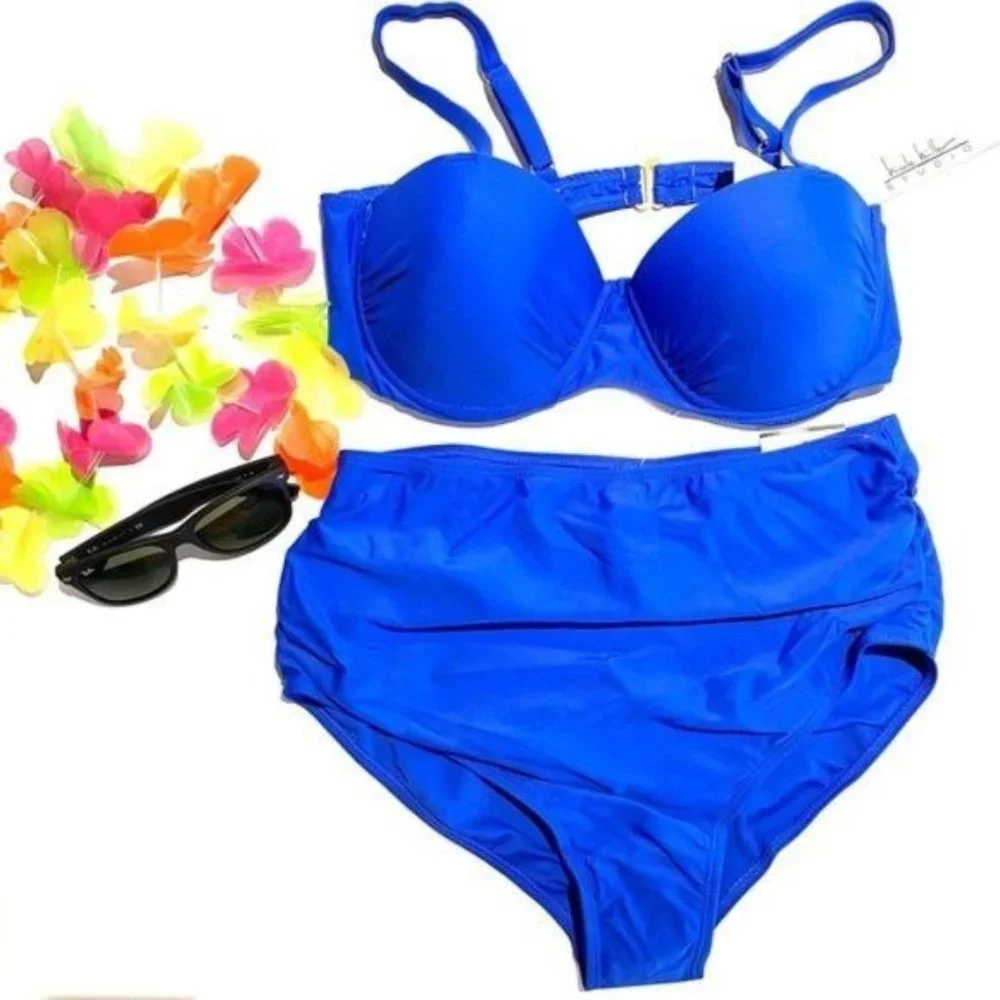 Nicole Miller Blue High Waisted Full Cover Bottom Two-Piece Bikini 10